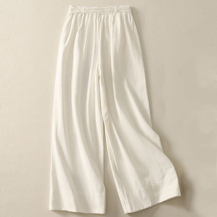 Pantalones de algodón de pierna ancha con bolsillos y cinturón de encaje de color liso para mujer de Buddha Stones Daily - image 7