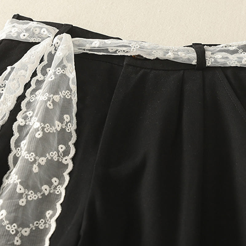 Pantalones de algodón de pierna ancha con bolsillos y cinturón de encaje de color liso para mujer de Buddha Stones Daily - image 18