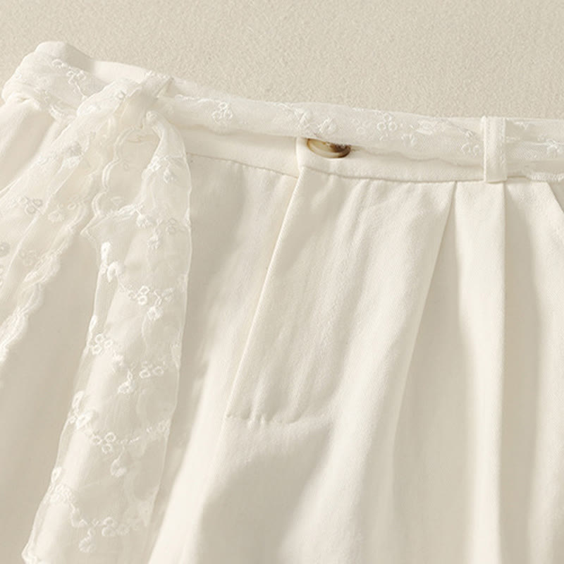 Pantalones de algodón de pierna ancha con bolsillos y cinturón de encaje de color liso para mujer de Buddha Stones Daily - image 8