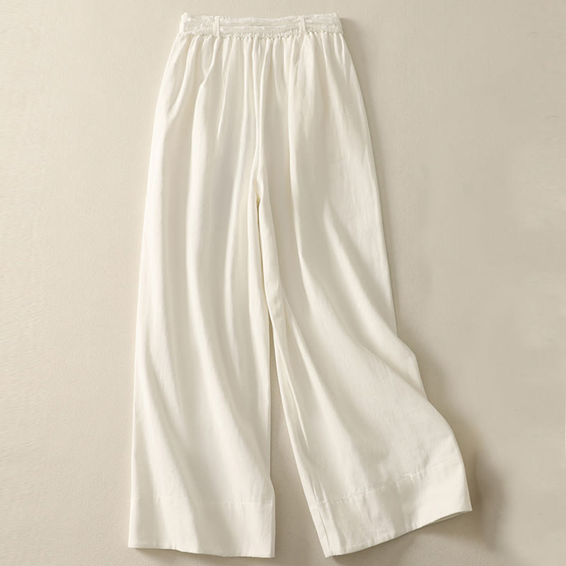 Pantalones de algodón de pierna ancha con bolsillos y cinturón de encaje de color liso para mujer de Buddha Stones Daily - image 8