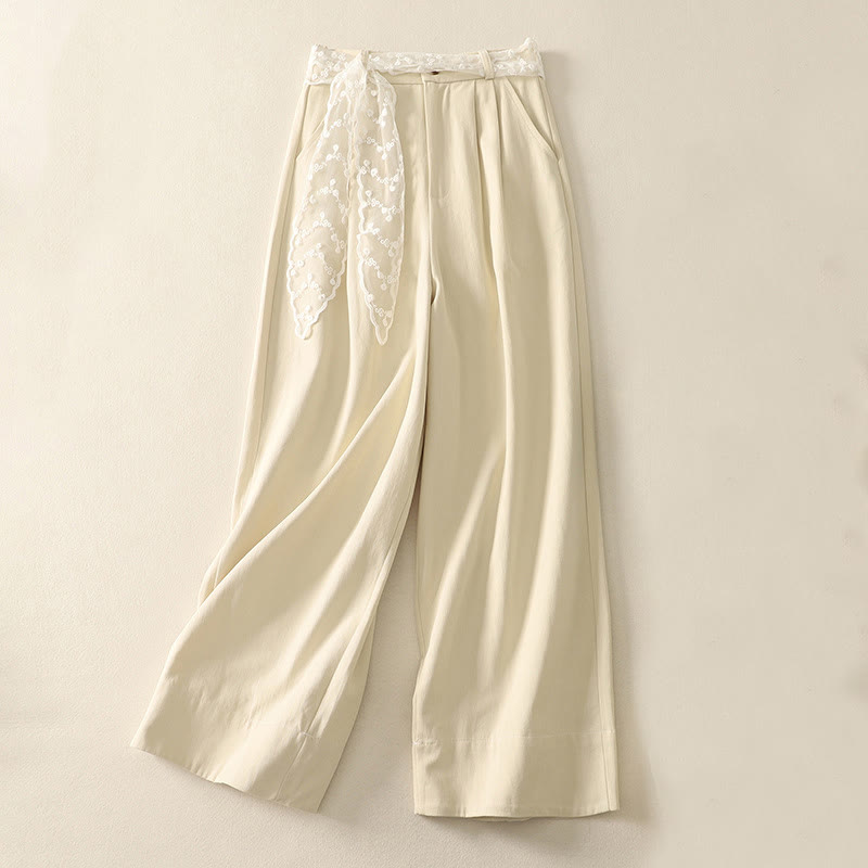 Pantalones de algodón de pierna ancha con bolsillos y cinturón de encaje de color liso para mujer de Buddha Stones Daily - Beige - US8-10，UK/AU12-14，EU40-42 (2XL) - image 0