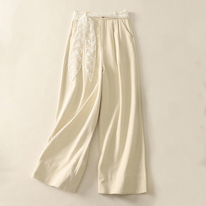 Pantalones de algodón de pierna ancha con bolsillos y cinturón de encaje de color liso para mujer de Buddha Stones Daily - Beige - US8-10，UK/AU12-14，EU40-42 (2XL) - image 0
