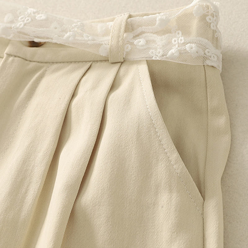 Pantalones de algodón de pierna ancha con bolsillos y cinturón de encaje de color liso para mujer de Buddha Stones Daily - image 3