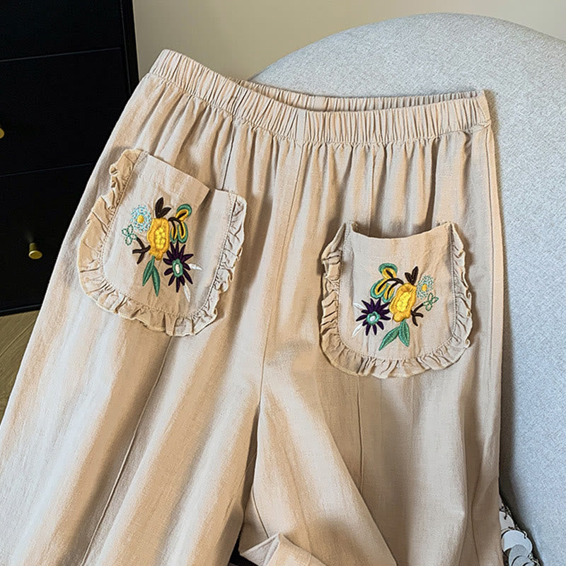 Pantalones anchos de lino y algodón con bordado beige de Buddha Stones para mujer, con bolsillos - image 5
