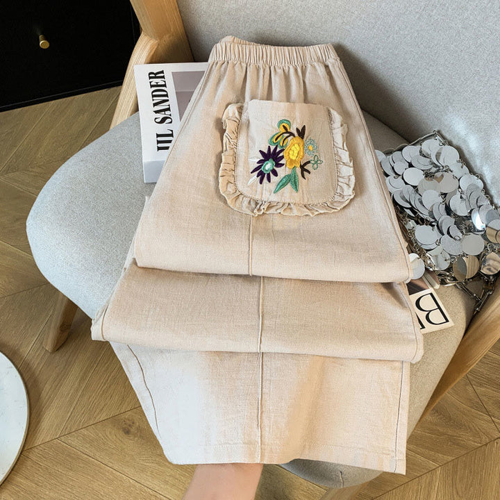 Pantalones anchos de lino y algodón con bordado beige de Buddha Stones para mujer, con bolsillos - image 4