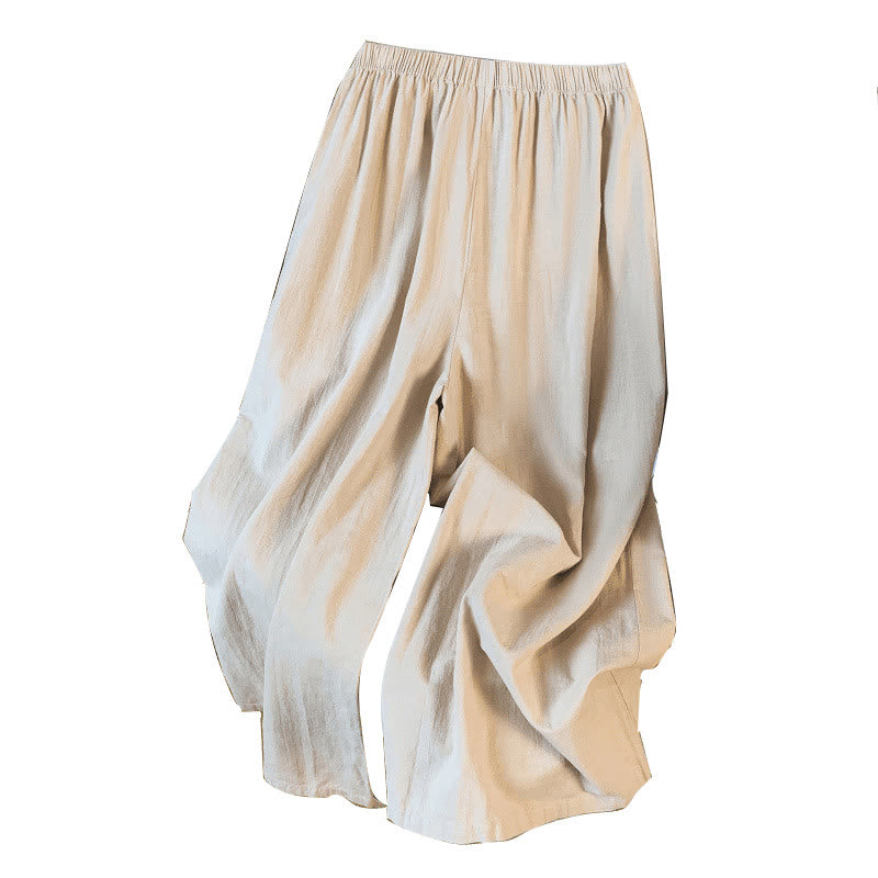 Pantalones anchos de lino y algodón con bordado beige de Buddha Stones para mujer, con bolsillos - image 10