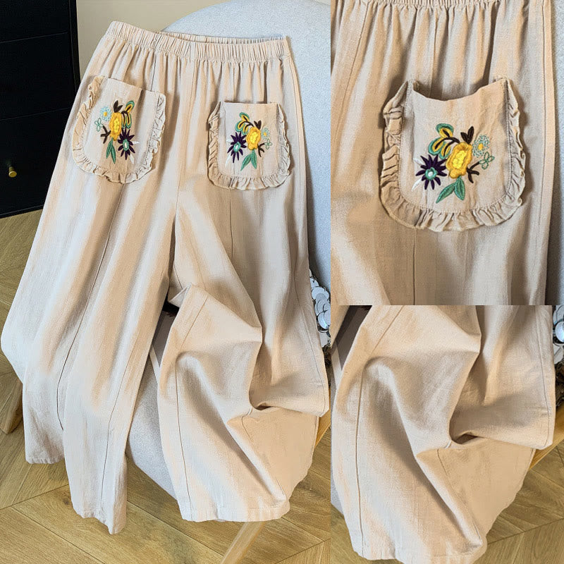 Pantalones anchos de lino y algodón con bordado beige de Buddha Stones para mujer, con bolsillos - image 9