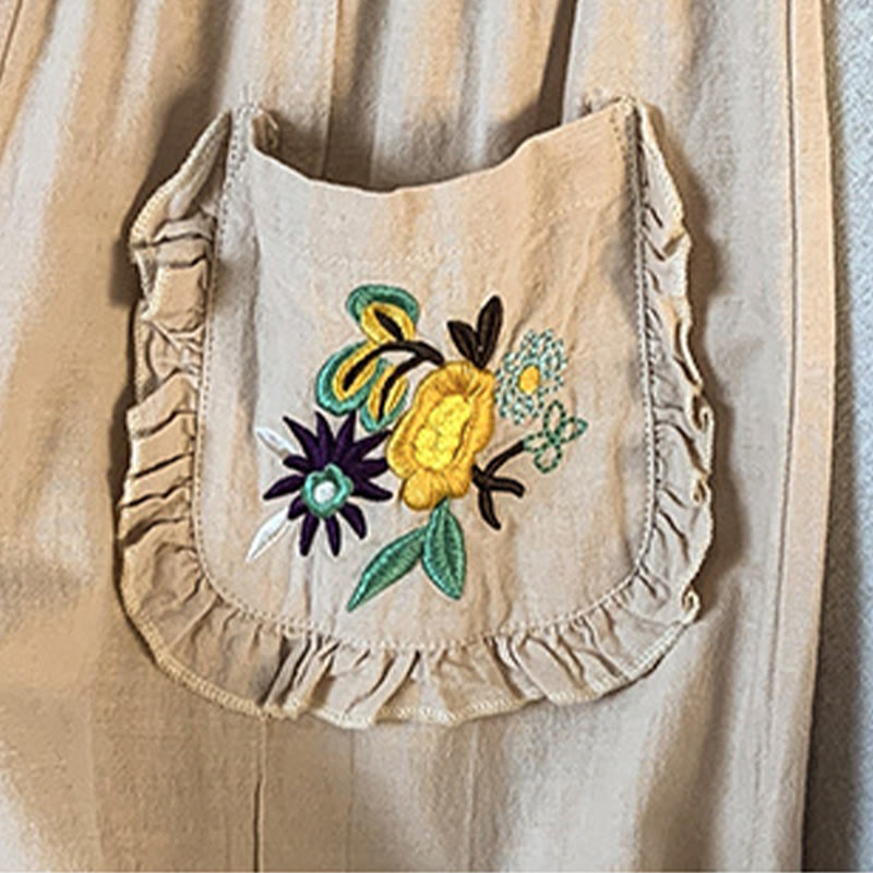 Pantalones anchos de lino y algodón con bordado beige de Buddha Stones para mujer, con bolsillos - image 9