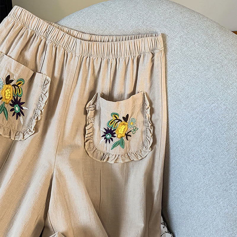 Pantalones anchos de lino y algodón con bordado beige de Buddha Stones para mujer, con bolsillos - image 6