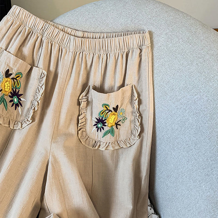 Pantalones anchos de lino y algodón con bordado beige de Buddha Stones para mujer, con bolsillos - image 6