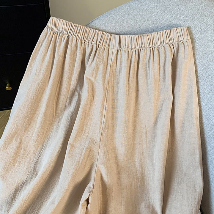 Pantalones anchos de lino y algodón con bordado beige de Buddha Stones para mujer, con bolsillos - image 7