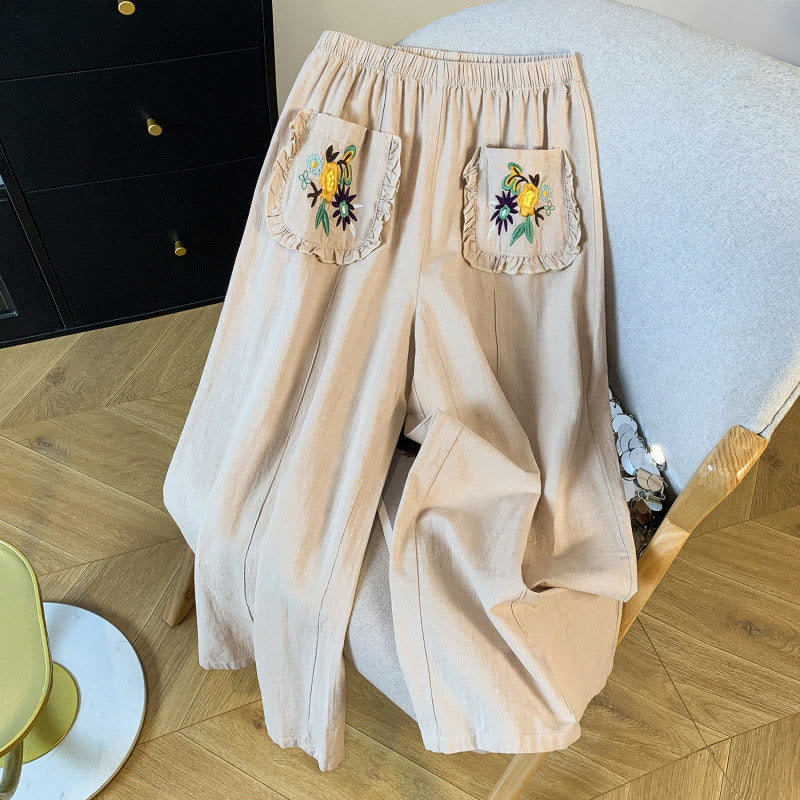 Pantalones anchos de lino y algodón con bordado beige de Buddha Stones para mujer, con bolsillos - Beige - US8-10，UK/AU12-14，EU40-42 (2XL) - image 1