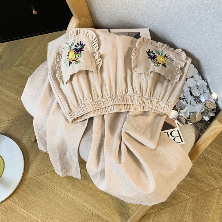 Pantalones anchos de lino y algodón con bordado beige de Buddha Stones para mujer, con bolsillos - image 3