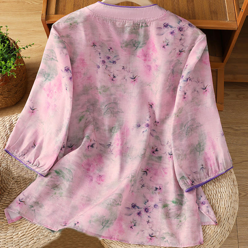 Camisa de algodón de manga tres cuartos para mujer con estampado floral liso y botones de rana estilo chino con Buddha Stones - image 16