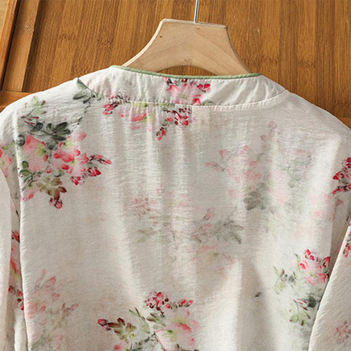 Camisa de algodón de manga tres cuartos para mujer con estampado floral liso y botones de rana estilo chino con Buddha Stones - image 3
