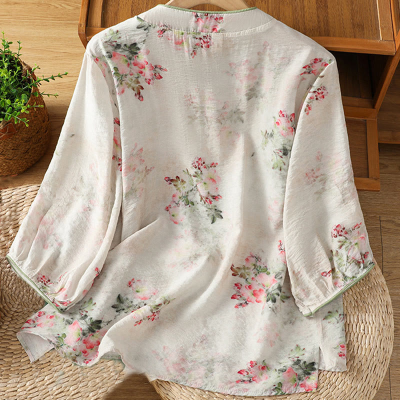 Camisa de algodón de manga tres cuartos para mujer con estampado floral liso y botones de rana estilo chino con Buddha Stones - image 1