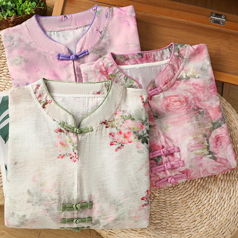 Camisa de algodón de manga tres cuartos para mujer con estampado floral liso y botones de rana estilo chino con Buddha Stones - image 22