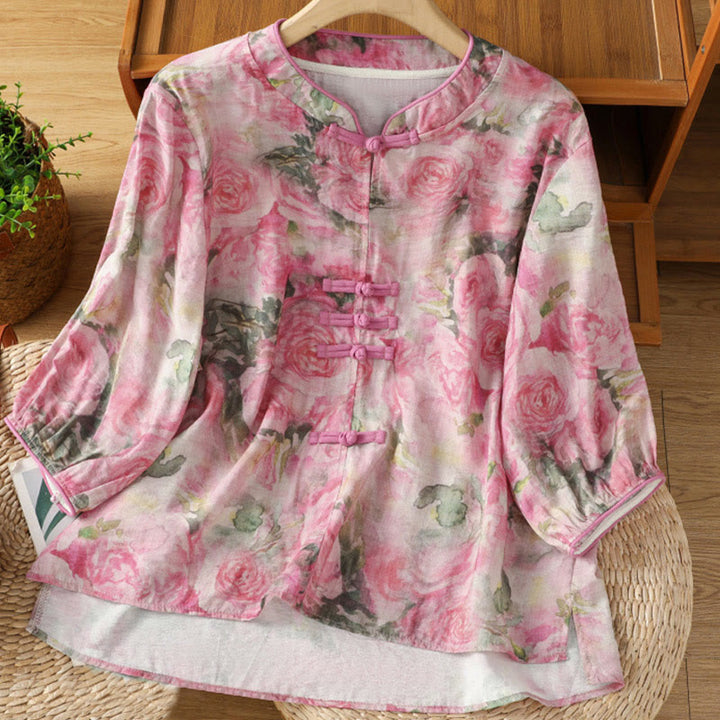 Camisa de algodón de manga tres cuartos para mujer con estampado floral liso y botones de rana estilo chino con Buddha Stones - Rosa intenso - US12, UK/AU16, EU44 (2XL) - image 6