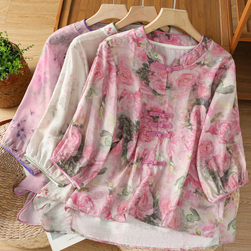 Camisa de algodón de manga tres cuartos para mujer con estampado floral liso y botones de rana estilo chino con Buddha Stones - image 21