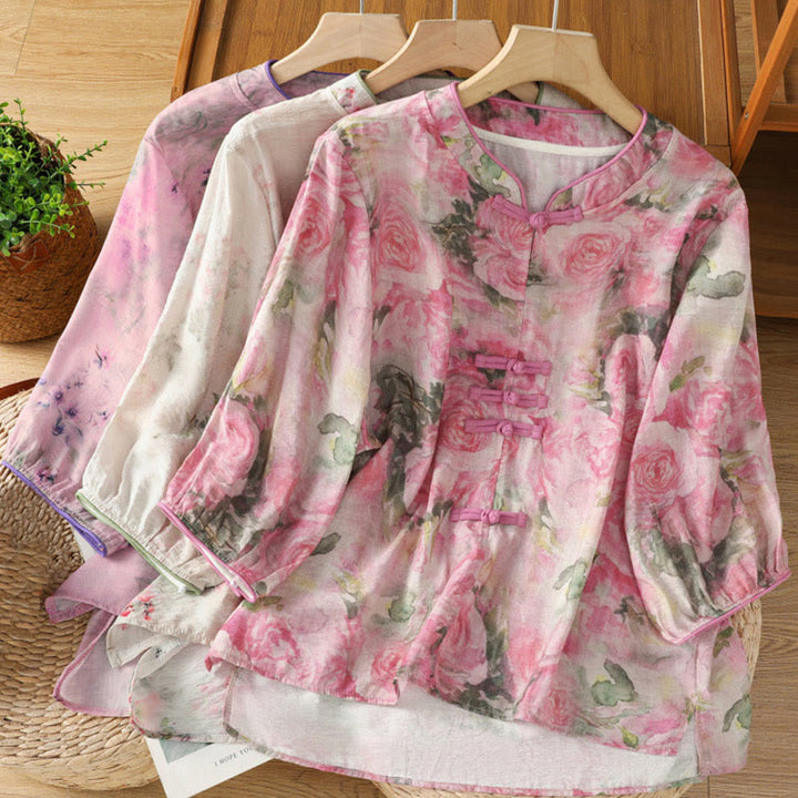 Camisa de algodón de manga tres cuartos para mujer con estampado floral liso y botones de rana estilo chino con Buddha Stones - image 21