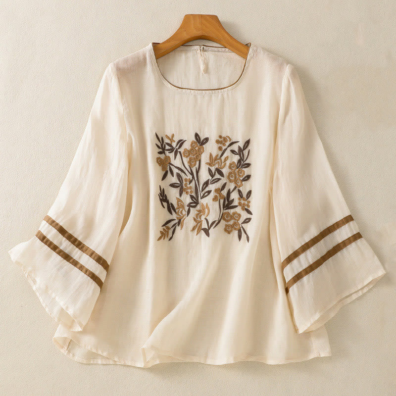 Camiseta de algodón para mujer con bordado floral retro de Buddha Stones, manga tres cuartos - Beige - US14，UK/AU18，EU46 (2XL) - image 1