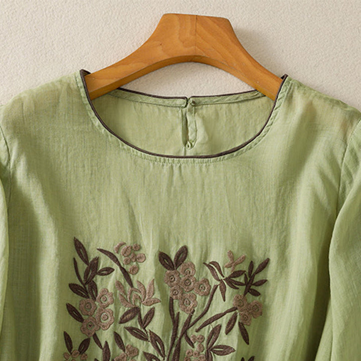 Camiseta de algodón para mujer con bordado floral retro de Buddha Stones, manga tres cuartos - image 19