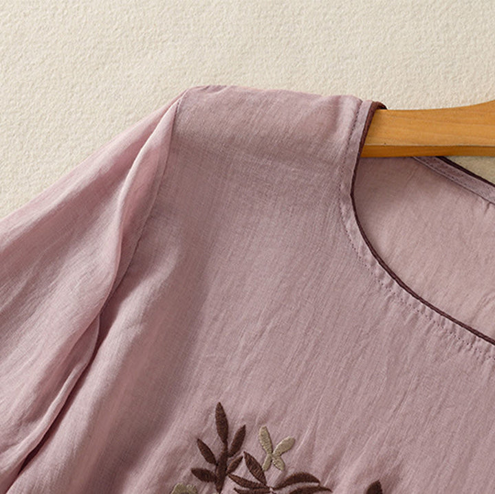 Camiseta de algodón para mujer con bordado floral retro de Buddha Stones, manga tres cuartos - image 26