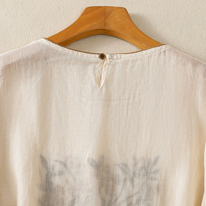 Camiseta de algodón para mujer con bordado floral retro de Buddha Stones, manga tres cuartos - image 4