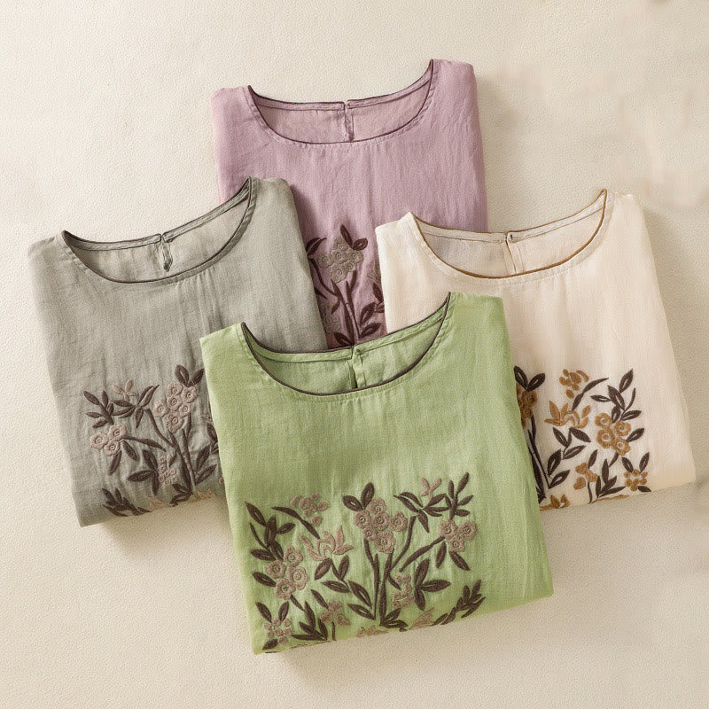 Camiseta de algodón para mujer con bordado floral retro de Buddha Stones, manga tres cuartos - image 33