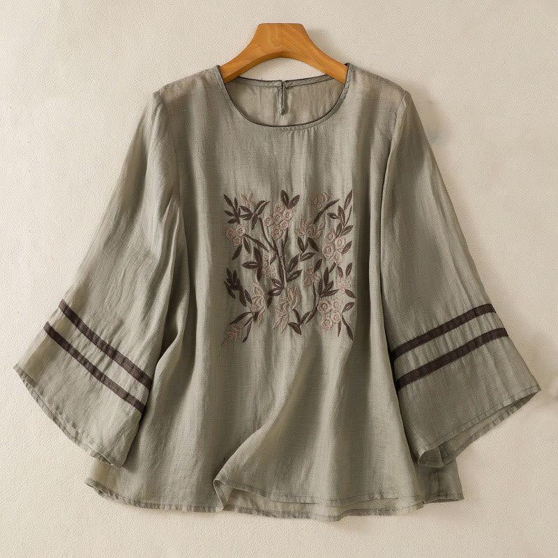 Camiseta de algodón para mujer con bordado floral retro de Buddha Stones, manga tres cuartos - Verde mar oscuro - US14，UK/AU18，EU46 (2XL) - image 9