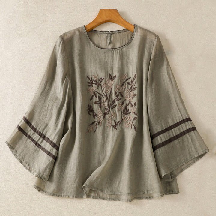 Camiseta de algodón para mujer con bordado floral retro de Buddha Stones, manga tres cuartos - Verde mar oscuro - US14，UK/AU18，EU46 (2XL) - image 9
