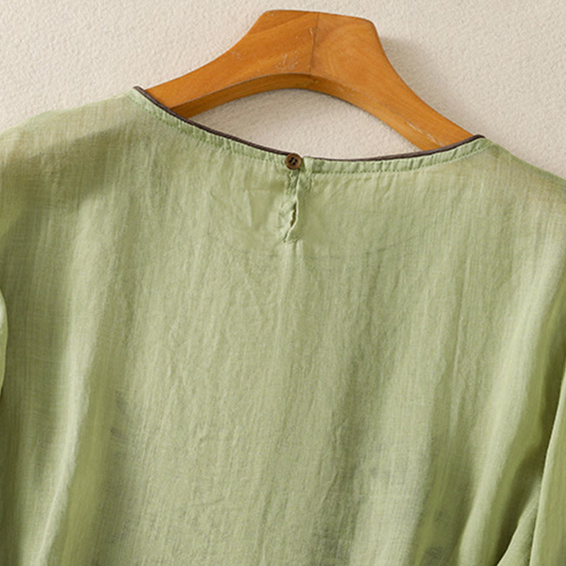 Camiseta de algodón para mujer con bordado floral retro de Buddha Stones, manga tres cuartos - image 20