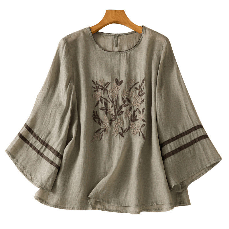 Camiseta de algodón para mujer con bordado floral retro de Buddha Stones, manga tres cuartos - image 16