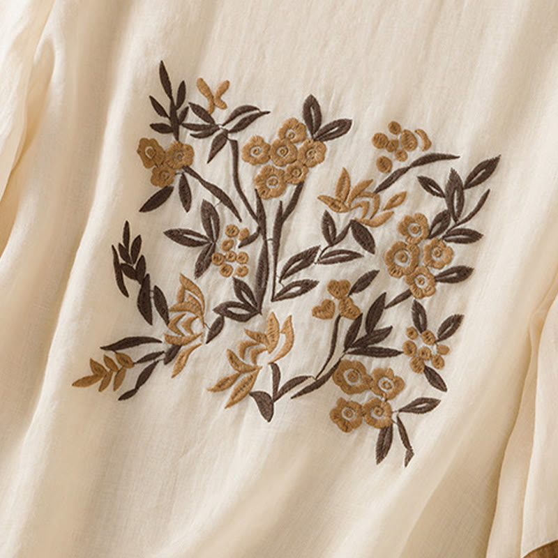 Camiseta de algodón para mujer con bordado floral retro de Buddha Stones, manga tres cuartos - image 5