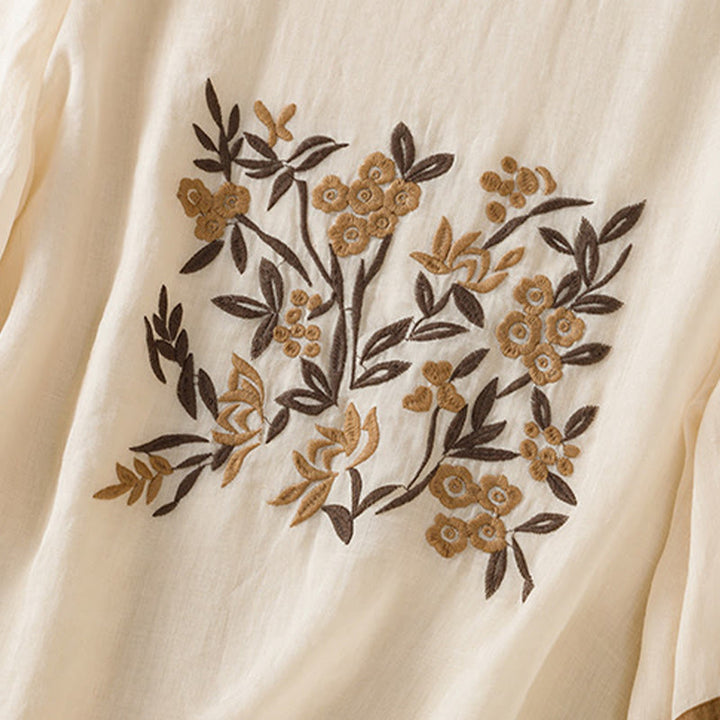 Camiseta de algodón para mujer con bordado floral retro de Buddha Stones, manga tres cuartos - image 5