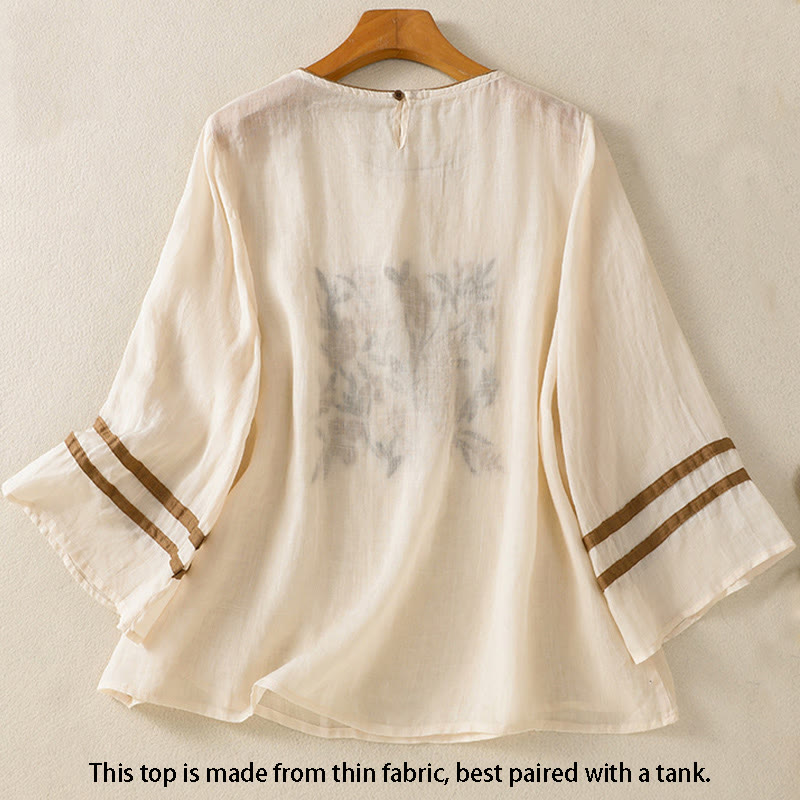 Camiseta de algodón para mujer con bordado floral retro de Buddha Stones, manga tres cuartos - image 1