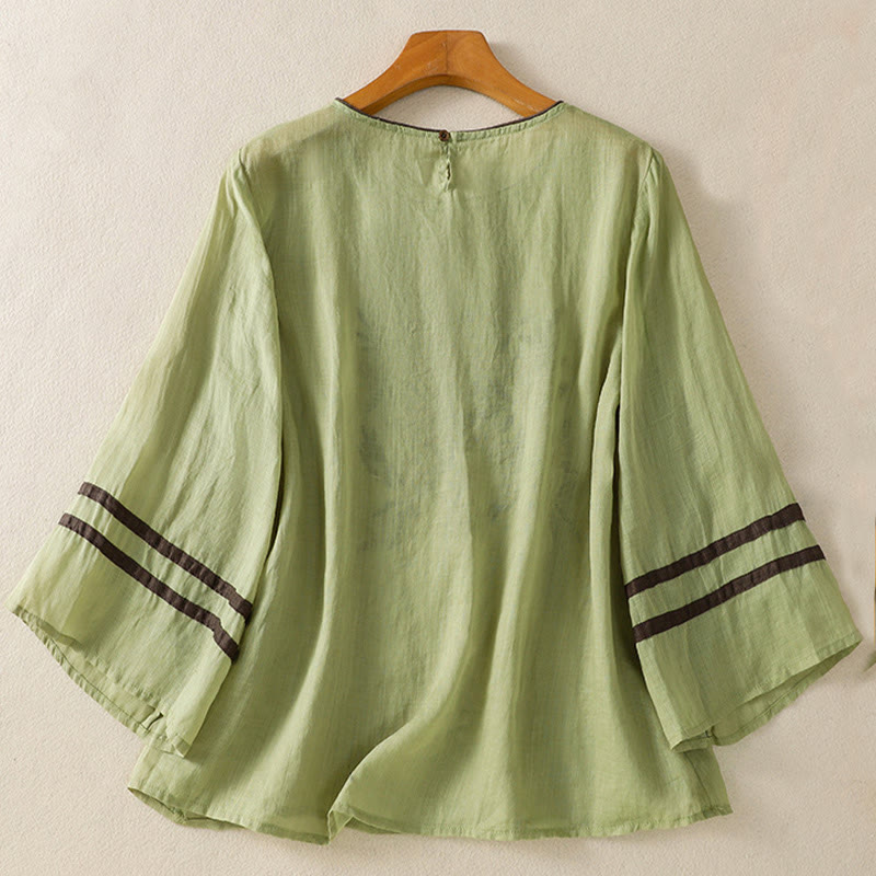 Camiseta de algodón para mujer con bordado floral retro de Buddha Stones, manga tres cuartos - image 18