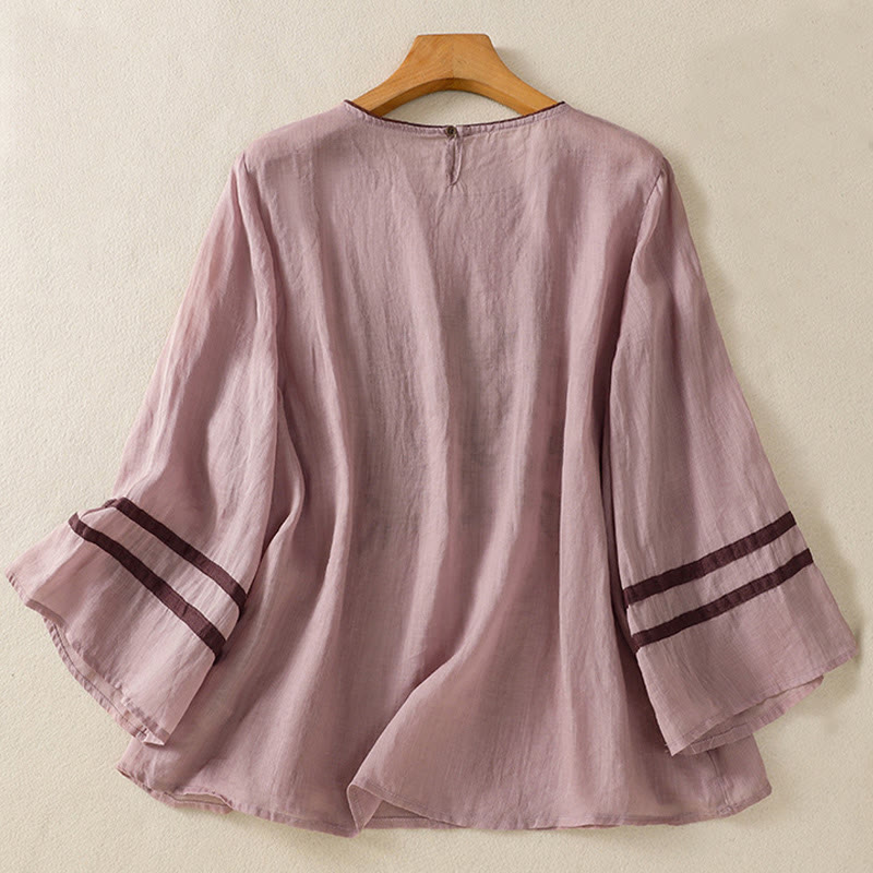 Camiseta de algodón para mujer con bordado floral retro de Buddha Stones, manga tres cuartos - image 25