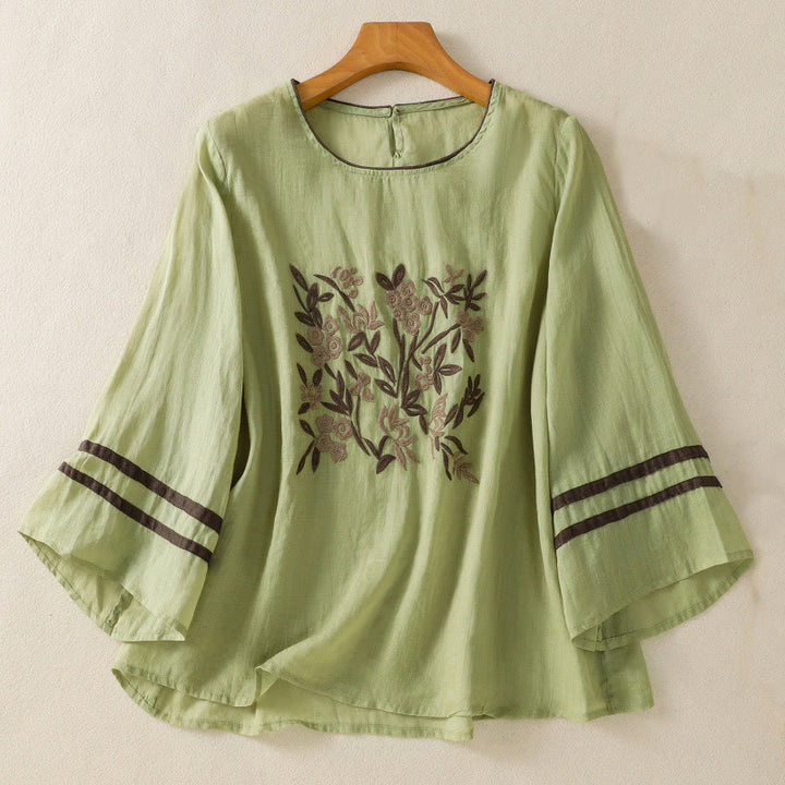 Camiseta de algodón para mujer con bordado floral retro de Buddha Stones, manga tres cuartos - Verde claro - US14，UK/AU18，EU46 (2XL) - image 17