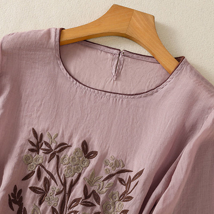 Camiseta de algodón para mujer con bordado floral retro de Buddha Stones, manga tres cuartos - image 26