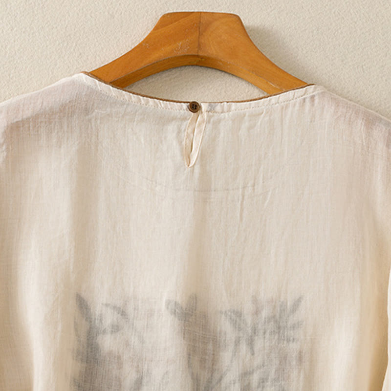 Camiseta de algodón para mujer con bordado floral retro de Buddha Stones, manga tres cuartos - image 5