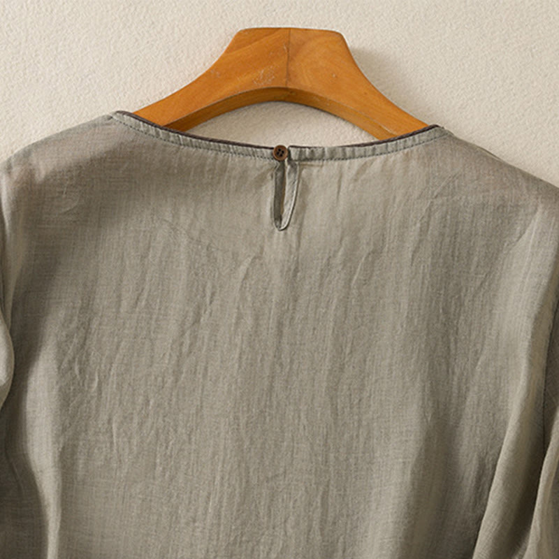 Camiseta de algodón para mujer con bordado floral retro de Buddha Stones, manga tres cuartos - image 11