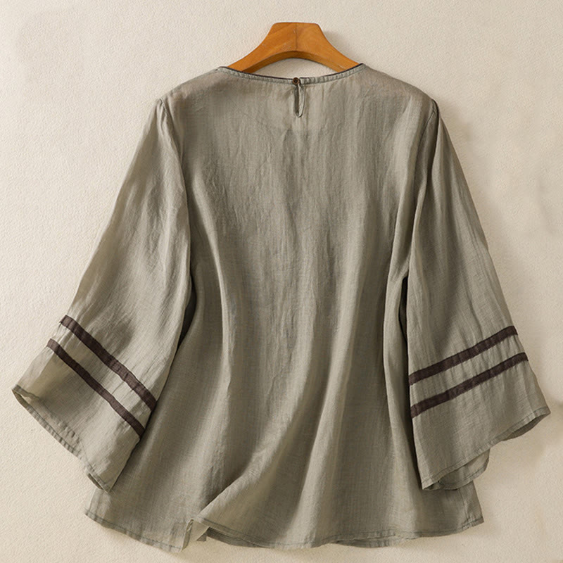 Camiseta de algodón para mujer con bordado floral retro de Buddha Stones, manga tres cuartos - image 10