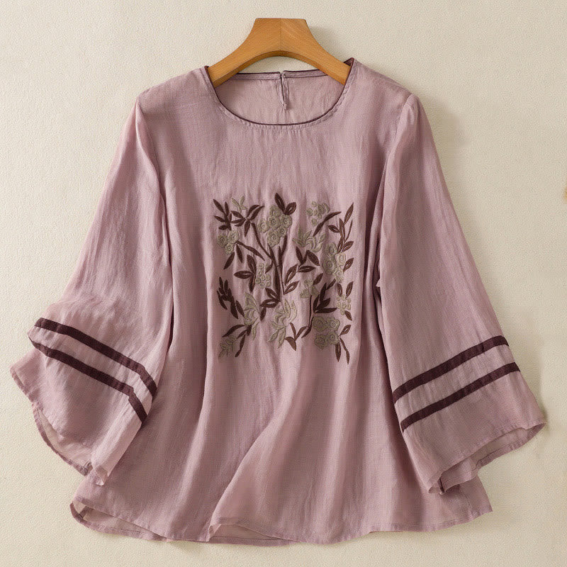 Camiseta de algodón de manga tres cuartos para mujer con bordado floral retro de Buddha Stones - Marrón rosado - US14，UK/AU18，EU46 (2XL) - image 23