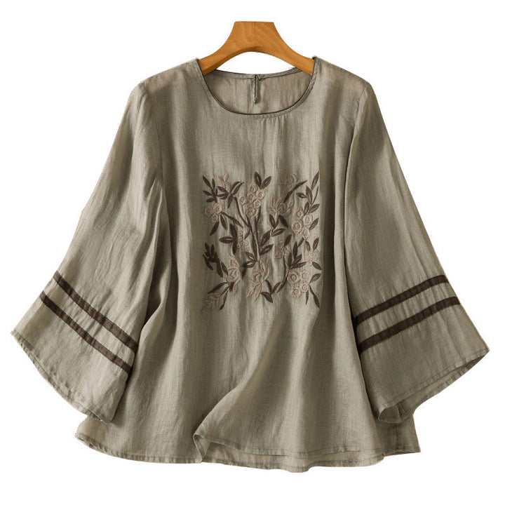 Camiseta de algodón para mujer con bordado floral retro de Buddha Stones, manga tres cuartos - image 15