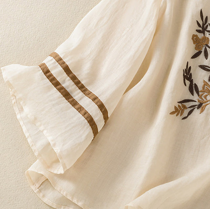 Camiseta de algodón para mujer con bordado floral retro de Buddha Stones, manga tres cuartos - image 6