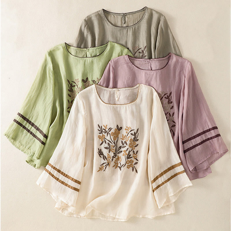 Camiseta de algodón para mujer con bordado floral retro de Buddha Stones, manga tres cuartos - image 32