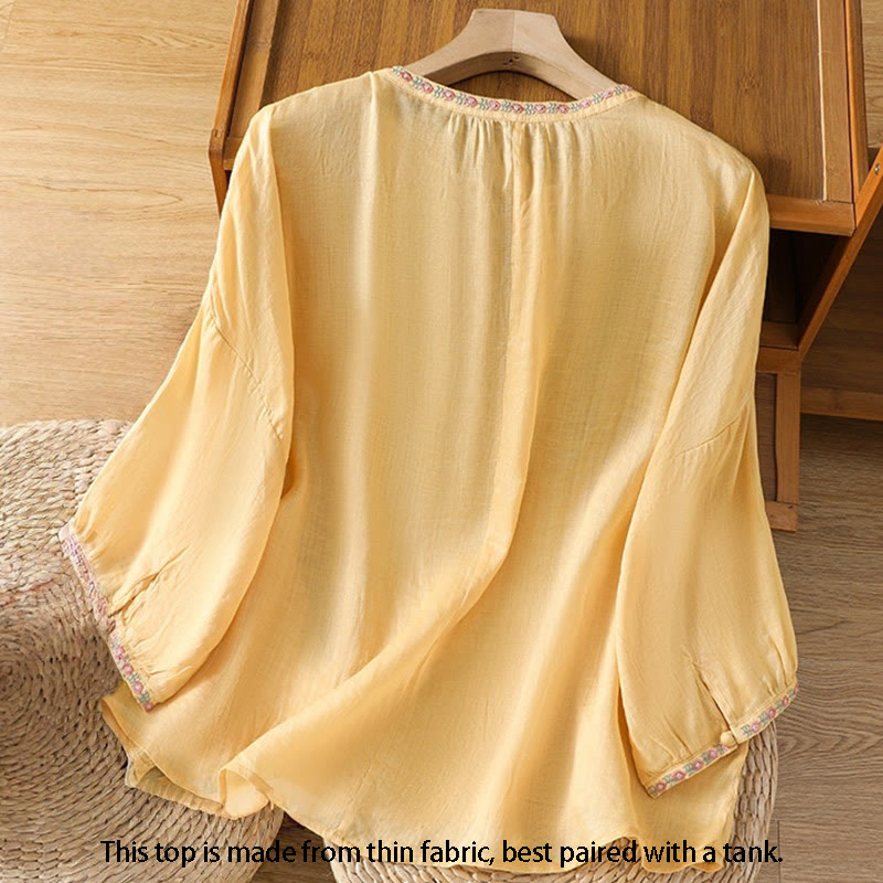 Camisa de algodón para mujer con cuello con muesca, manga tres cuartos y botones bordados con Buddha Stones - image 2