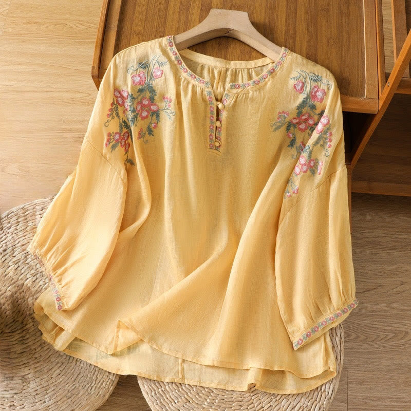 Camisa de algodón para mujer con cuello con muesca, manga tres cuartos y botones bordados con Buddha Stones - Oro - US12, UK/AU16, EU44 (2XL) - image 1