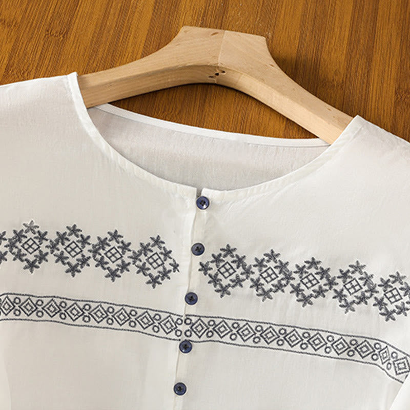 Camisa de algodón para mujer con mangas largas tipo farol y botones plisados ​​con bordado de Buddha Stones - image 3